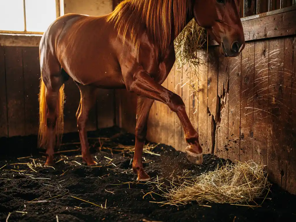 Chestnut horse pawing at stall bedding, front hoof mid-strike, loose hay scattered across worn wooden boards in warm amber stable light.