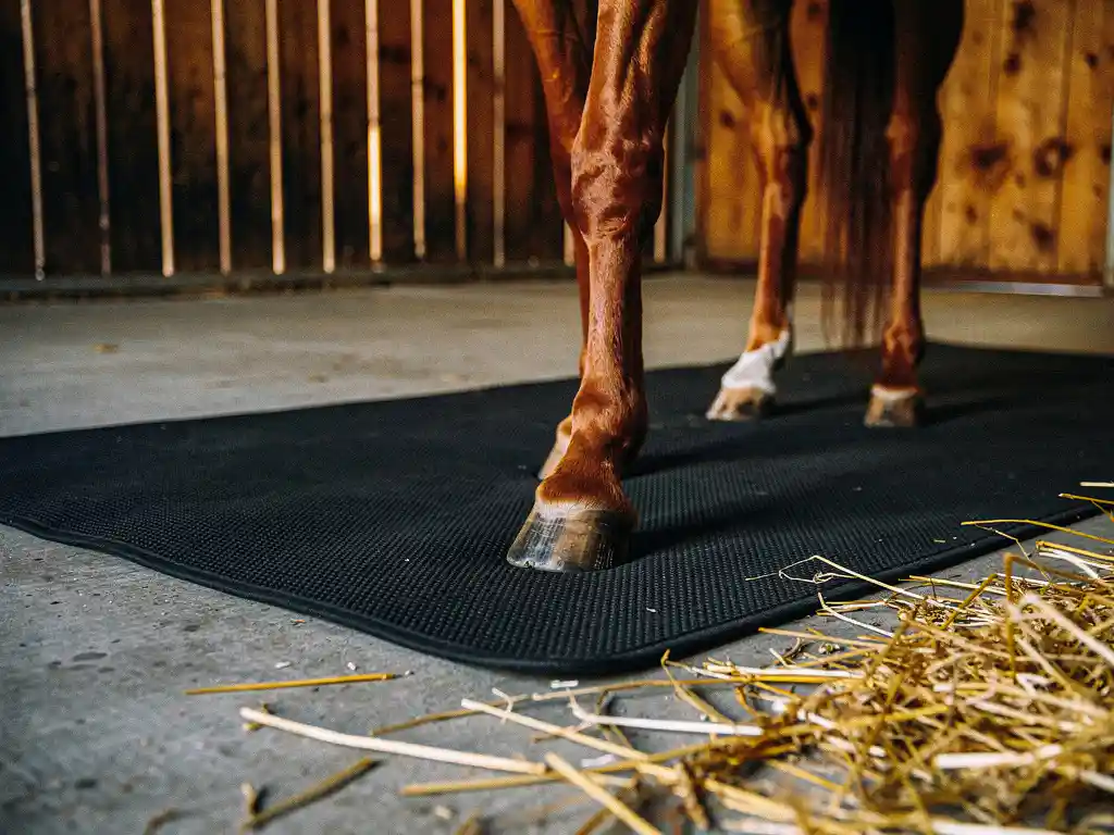 Chestnut horse standing on a thick black rubber mat over a concrete barn floor, golden hay scattered nearby in warm amber stable light.