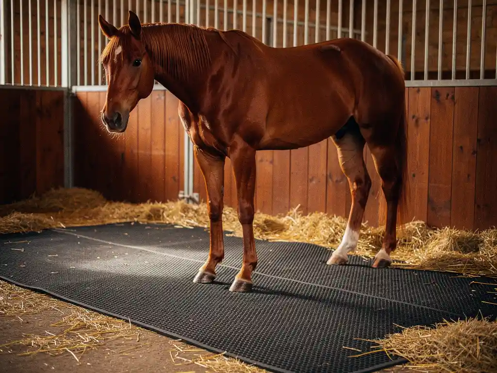 Chestnut horse standing in a stable stall on a thick dark rubber mat, fresh golden straw at the edges, warm barn light on wooden slats.
