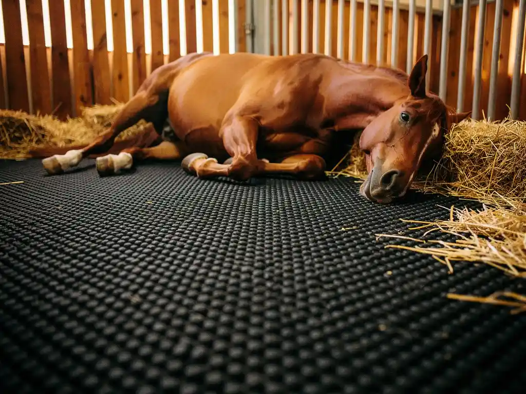 Chestnut horse resting on a thick black rubber mat in an equine recovery stall, golden straw scattered nearby in warm barn light.