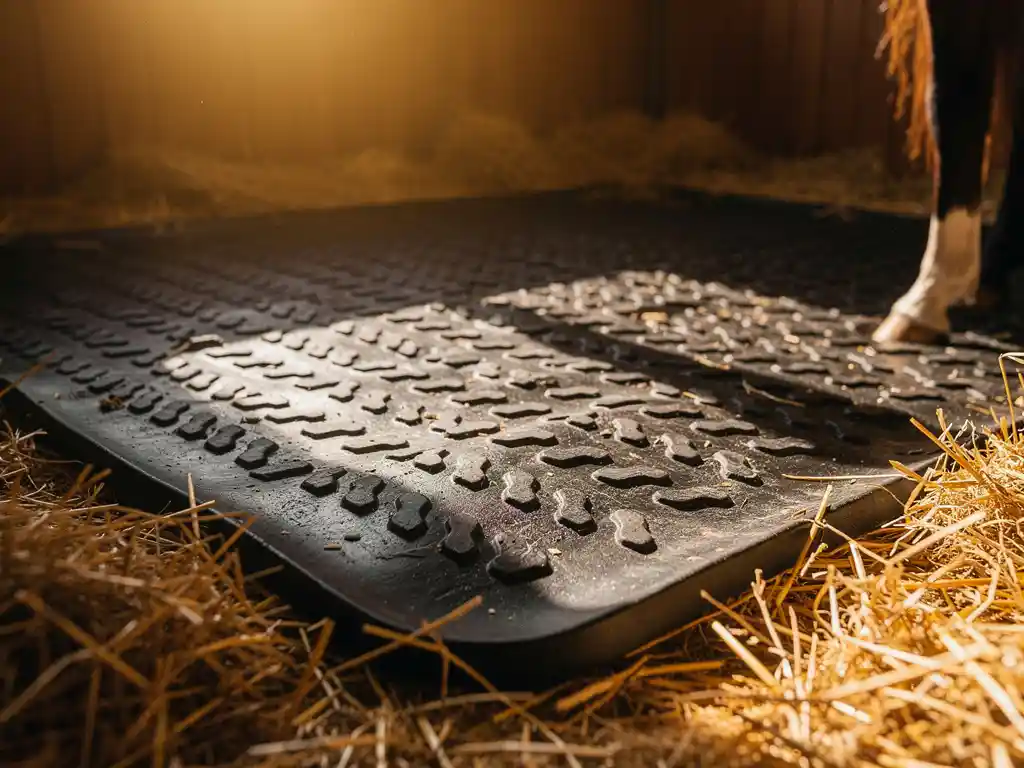 Thick black rubber mat with deep grip grooves on an equine recovery stall floor, fresh straw at edges, warm barn light overhead.