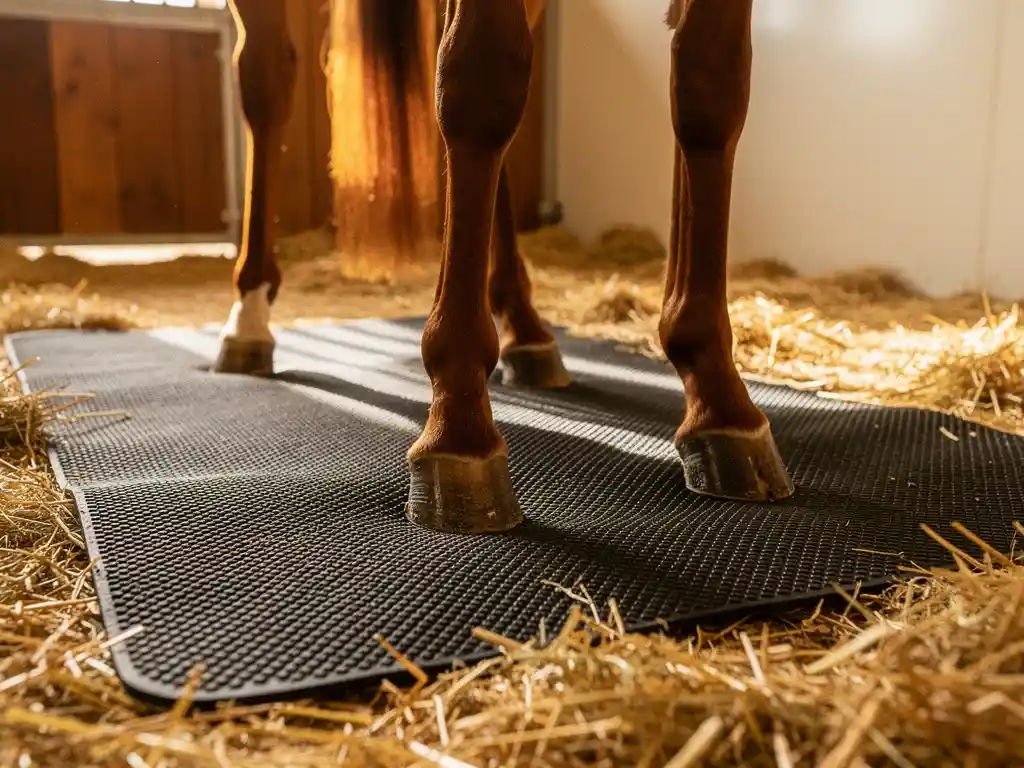 Chestnut horse hooves resting on a thick black rubber non-slip mat in an equine rehabilitation stall with clean straw edges.