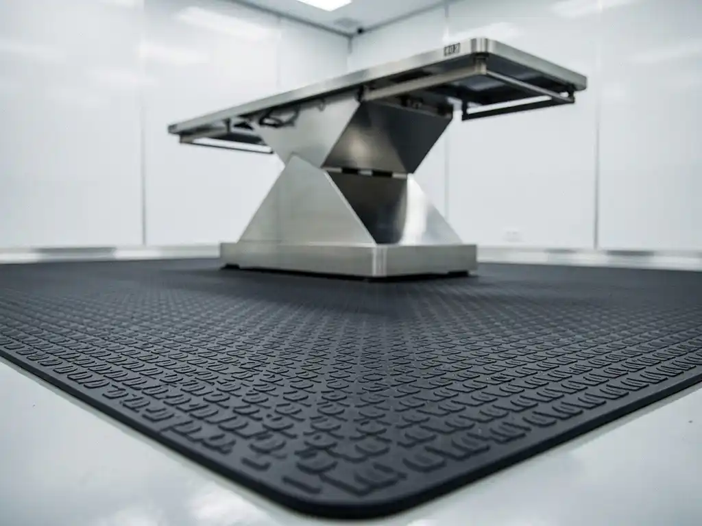 Black rubber anti-slip mat installed in an equine surgery suite with stainless steel operating table and sterile white walls.