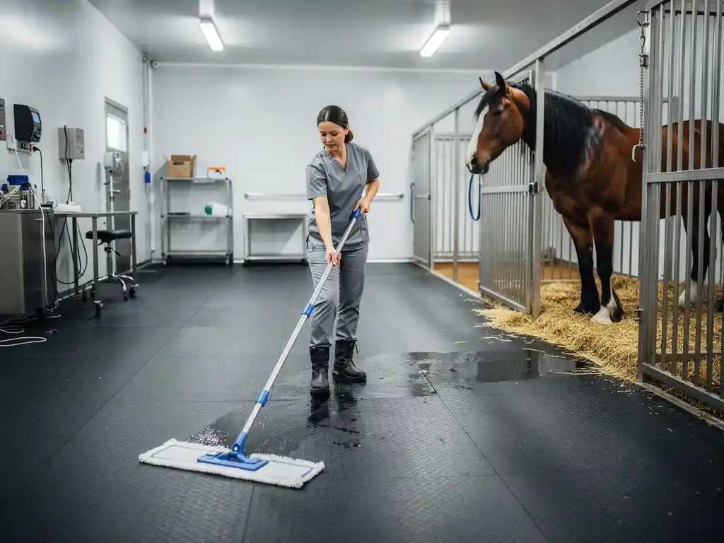 Veterinary technician mopping charcoal rubber matting in a bright equine treatment bay with a draft horse resting in a clean stall behind her.