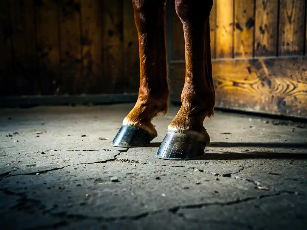 Chestnut horse hooves on cracked concrete barn floor, worn wooden stall boards visible in background under dramatic side lighting.