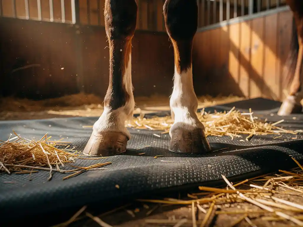 Horse recovery stall with thick black rubber mat covered in golden straw, horse hooves resting calmly on textured surface.