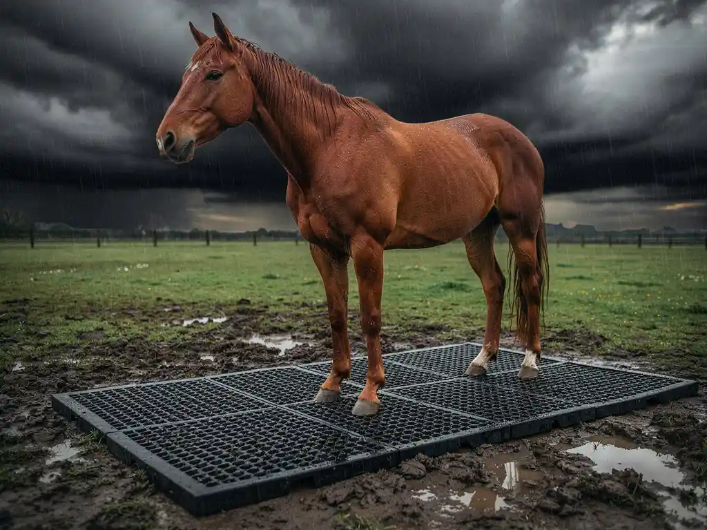 Chestnut horse standing on a non-slip rubber mat in a muddy paddock during rainfall, with wet grass and churned earth surrounding it.