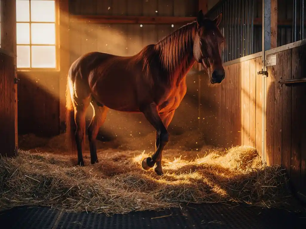 Chestnut horse standing in a sunlit stable stall at dawn, one leg raised over fresh straw bedding, dust motes drifting through warm amber light.