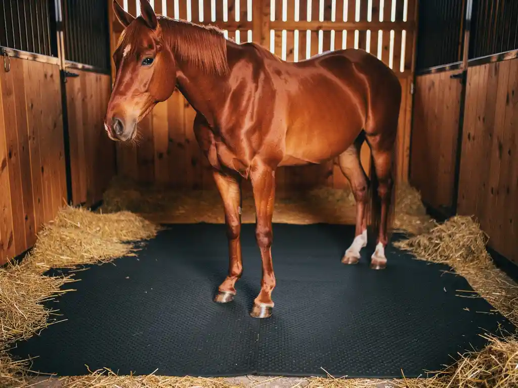 Chestnut horse standing on a dark rubber stable mat in a clean stall, golden straw at the edges, warm barn light filtering through wooden slats.
