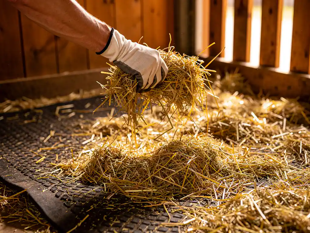 Gloved hand spreading fresh golden straw bedding over a dark rubber mat inside a clean wooden horse stall.