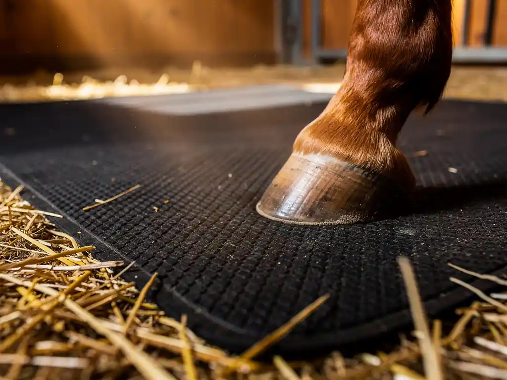 Chestnut horse hoof resting on a thick black rubber stall mat, golden hay scattered nearby in a warm amber-lit barn.