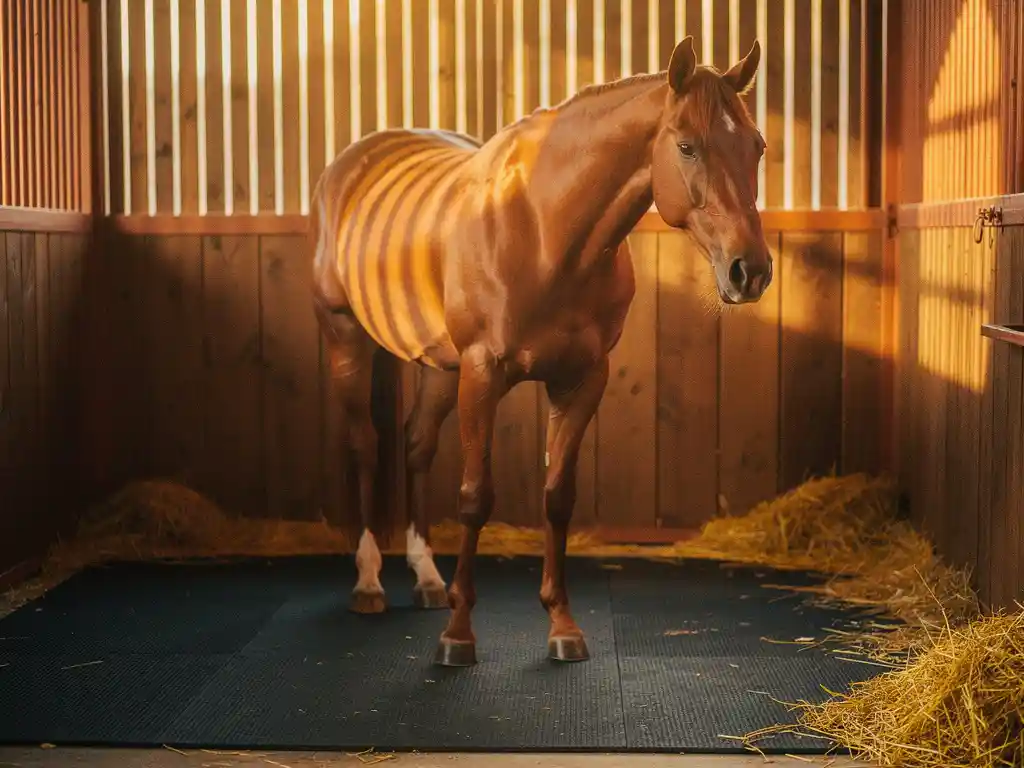Chestnut horse standing in a wooden stall on a thick dark rubber mat, warm afternoon light streaming through barn slats.