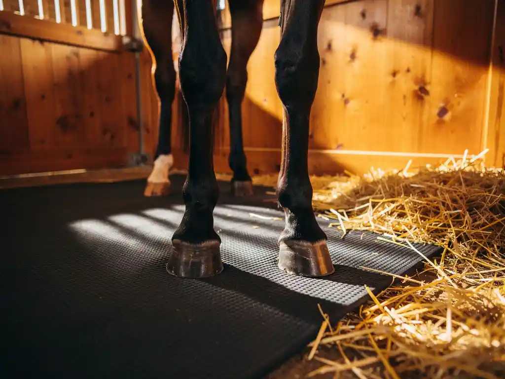 Horse standing in a wooden stall with hooves resting on thick dark rubber matting, warm amber barn light illuminating golden straw bedding.