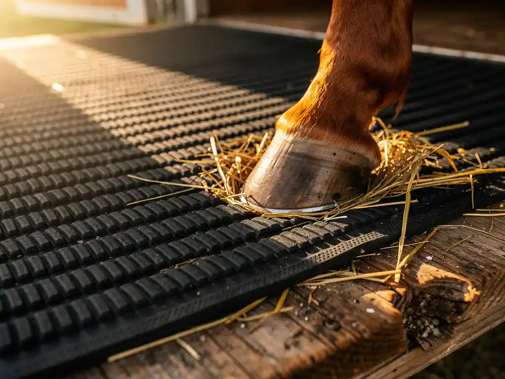Chestnut horse hoof stepping onto a black rubber anti-slip mat on a weathered wooden trailer ramp, with golden hay nearby.