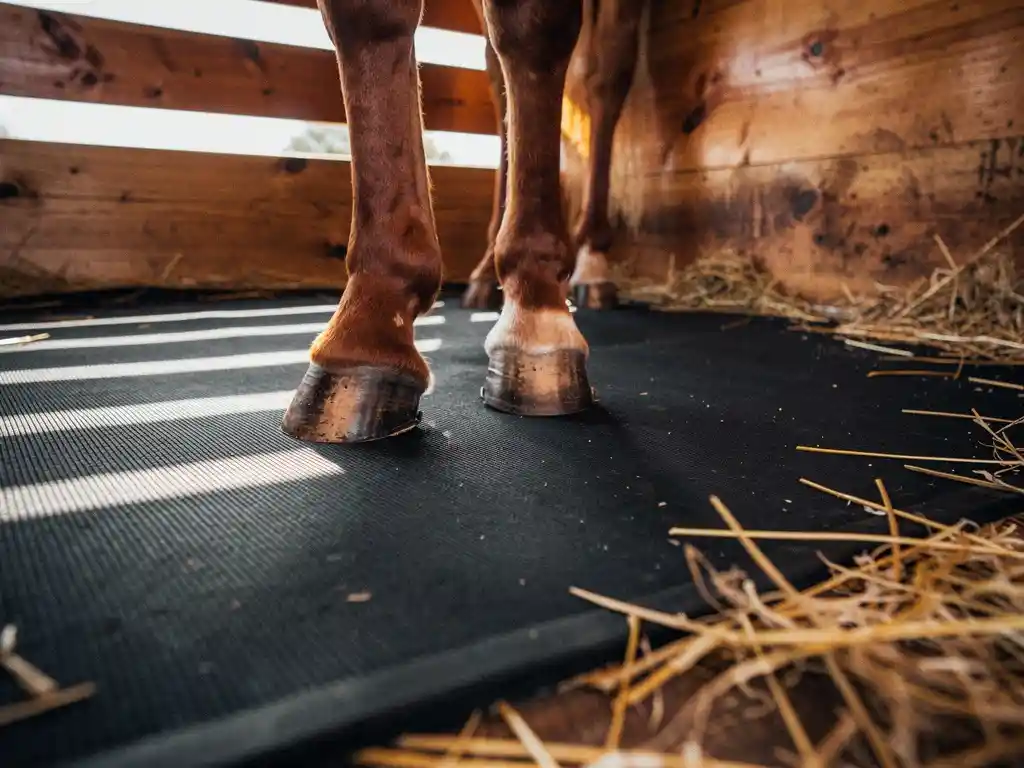 Chestnut horse hooves standing on textured black rubber mat inside wooden horse trailer with scattered hay.