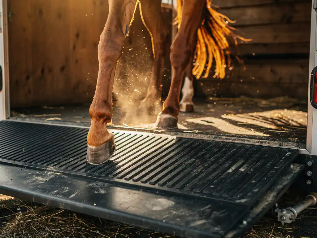 Chestnut horse stepping onto a black rubber non-slip mat inside a sunlit horse trailer ramp with worn wood planks visible.