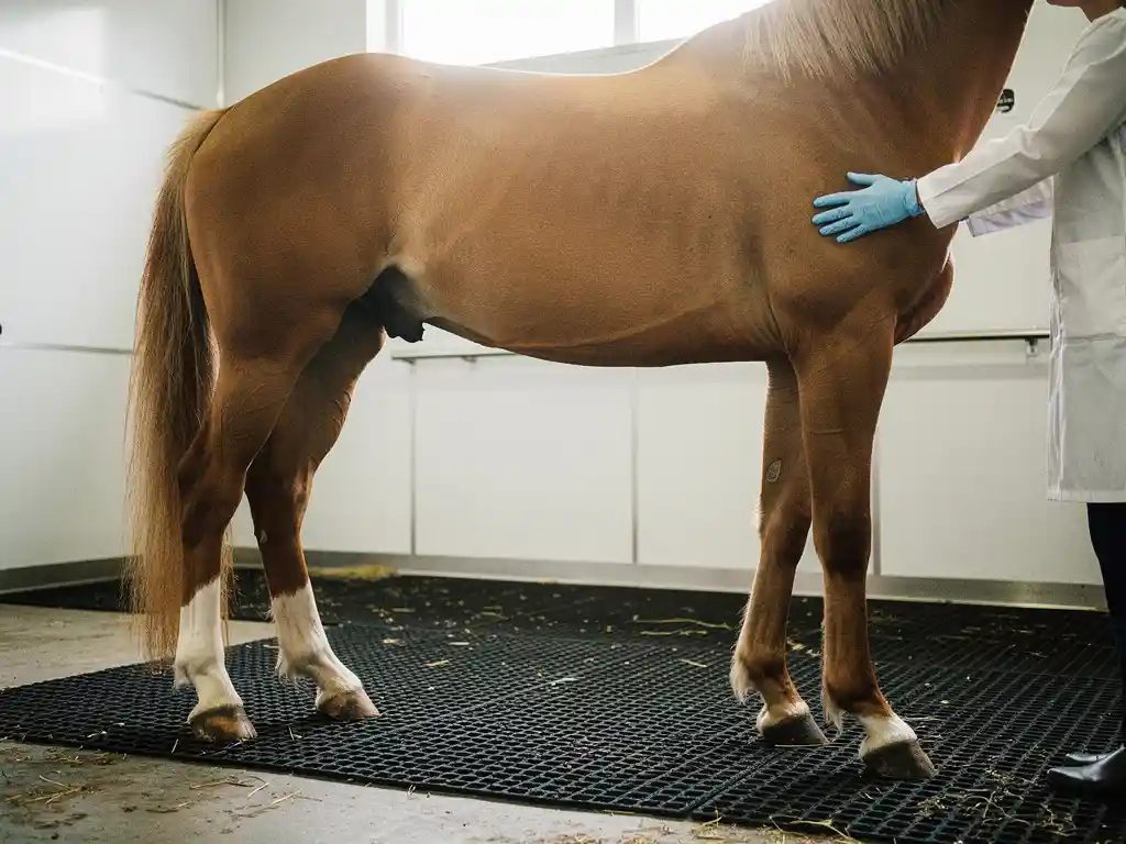 Horse standing calmly in a veterinary examination stall while a gloved veterinarian's hand rests on its flank.