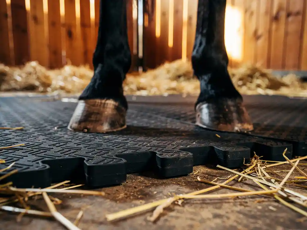 Black rubber horse stall mat with interlocking edges on stable floor, horse hooves standing on textured surface, golden hay scattered nearby.