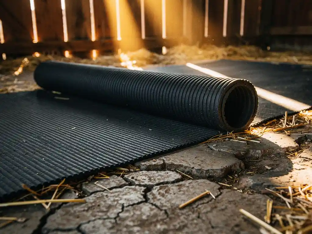Thick black rubber mat unrolling across cracked barn floor, straw at edges, warm golden light filtering through wooden slats.