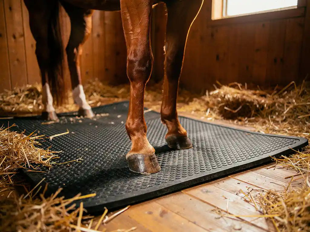 Chestnut horse standing on a thick black rubber mat in a wooden stall with fresh golden straw scattered across the floor.