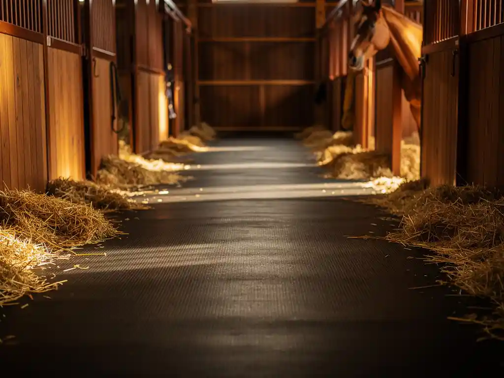Rubber-matted horse barn aisle with golden straw at the edges and a chestnut horse visible in a stall doorway in the background.