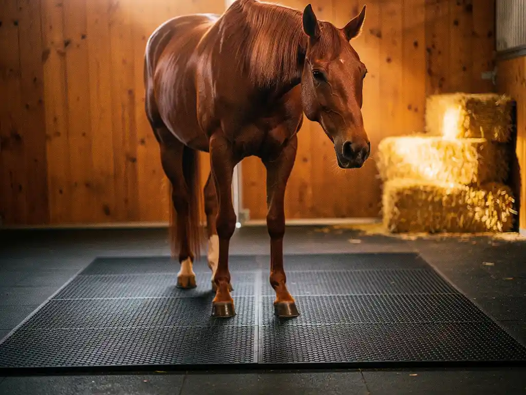 Chestnut horse standing on a thick rubber stable mat in a grooming bay, with wooden stall walls and hay bales in the background.