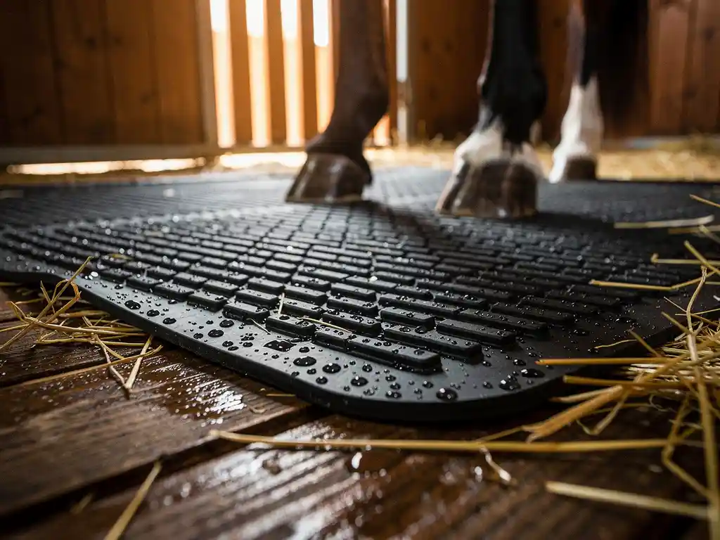 Rubber stable mat with grooved anti-slip surface on a wet wooden stall floor, hay at edges, horse hooves visible in background.