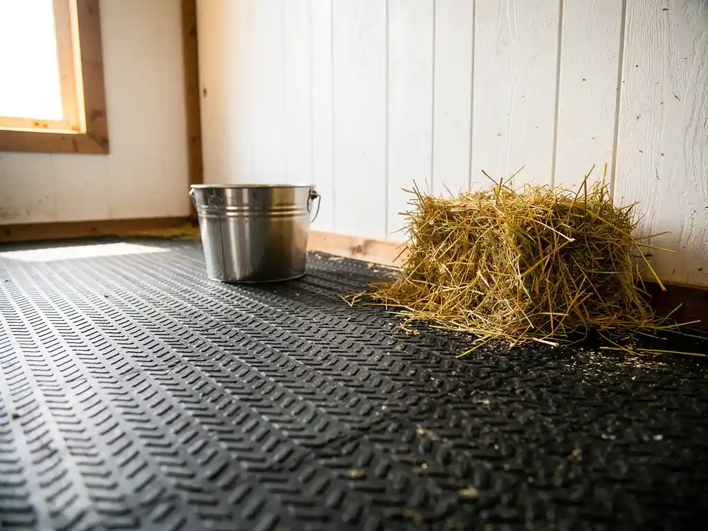 Textured charcoal rubber stall mat in a bright barn stall with stainless steel water bucket and fresh golden hay nearby.
