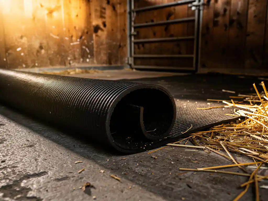 Thick rubber stall mat partially unrolled over bare concrete inside a dim wooden horse stall, golden straw scattered at the edges.