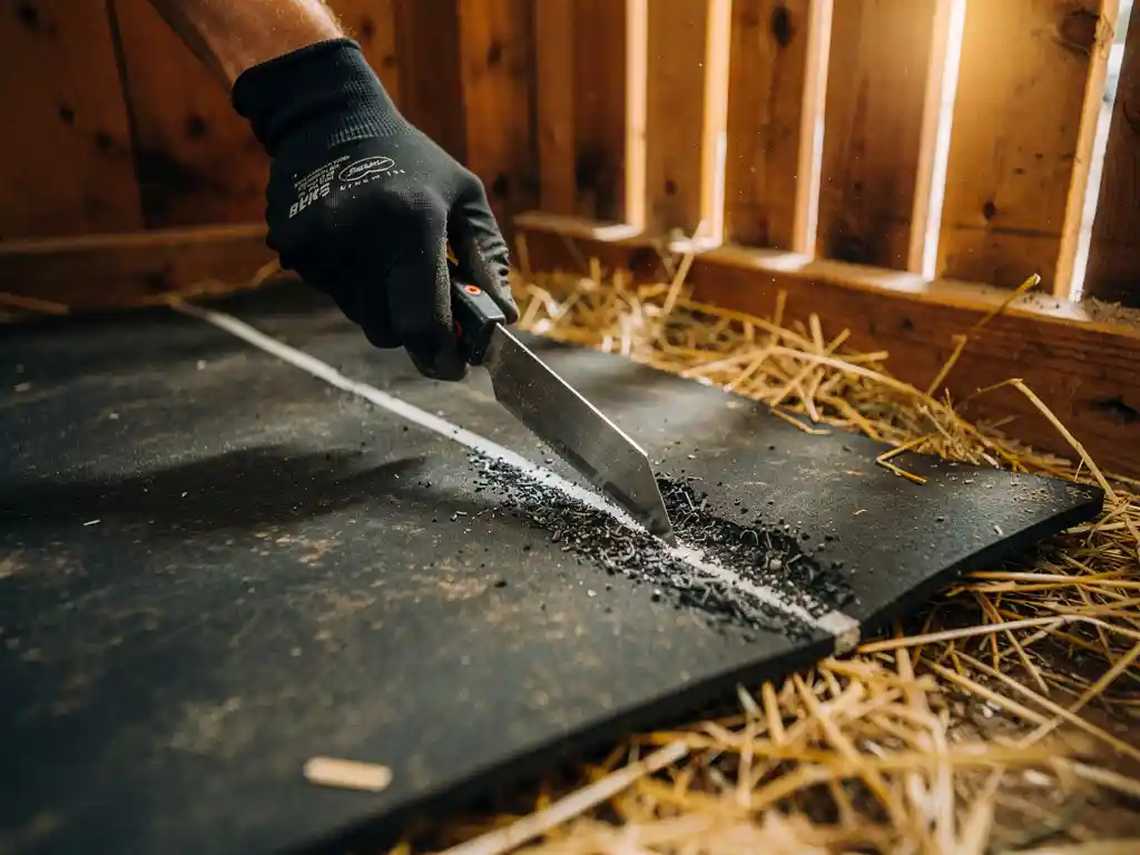 Worn charcoal rubber stall mat being trimmed along a chalk line with a utility knife, rubber shavings curling at the cut edge inside a hay-strewn horse stall.