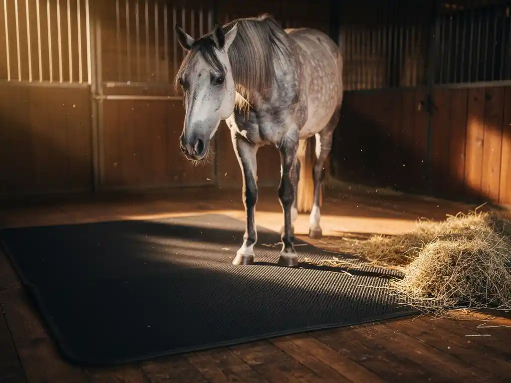 Elderly grey horse standing on a thick black rubber stall mat over a wooden stable floor, warm amber barn light highlighting the textured surface.