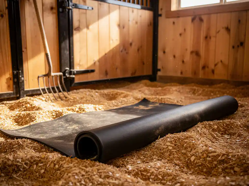 Thick black rubber stall mat being unrolled over golden wood shavings in a sunlit horse stall with pine boards and iron hardware.