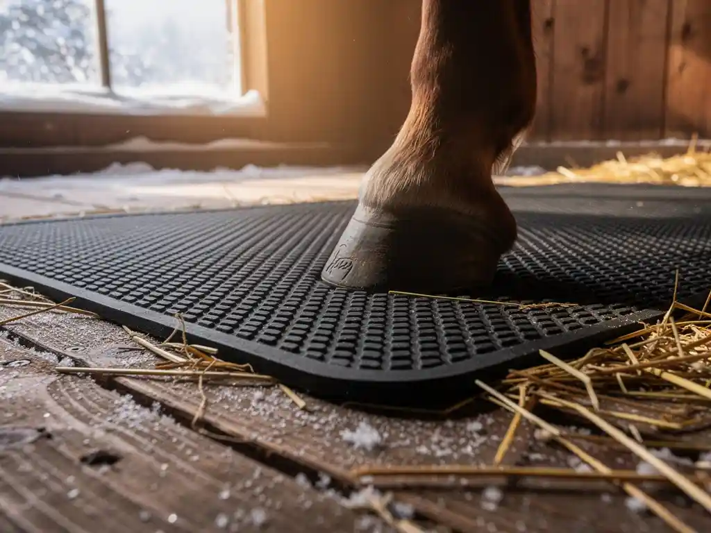 Horse hoof resting on a textured black rubber stall mat over frost-dusted wooden stable floor with scattered golden hay.