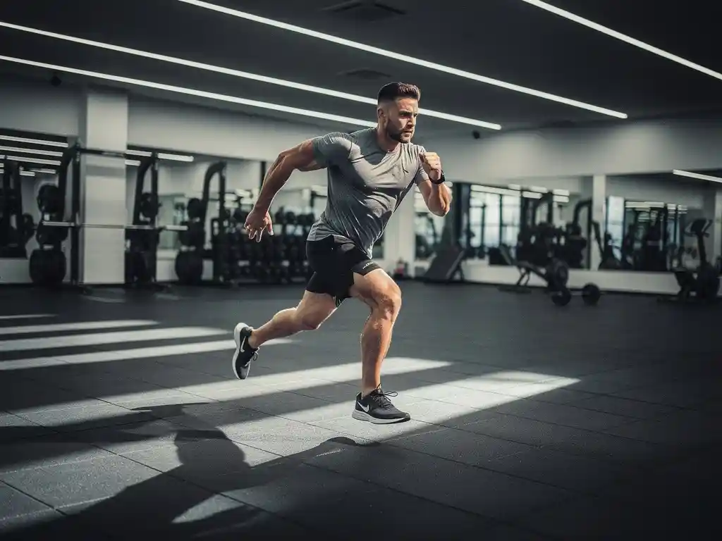 Athlete sprinting across a rubberized training floor in a modern sports facility, with dramatic overhead lighting and weight racks in the background.