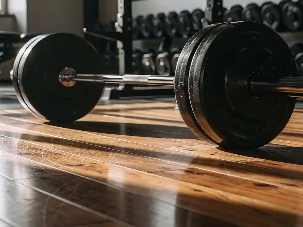 Heavy barbell loaded with iron plates on hardwood gym floor, squat rack and weight plates softly blurred in warm amber background.