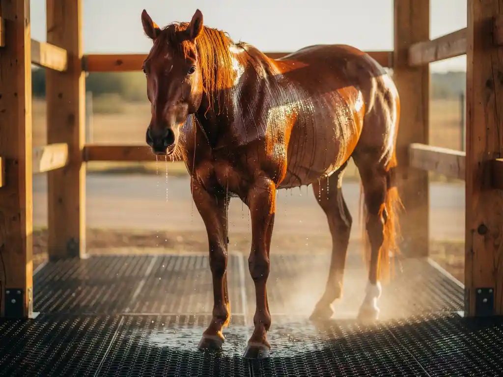 Chestnut horse being bathed at an outdoor wash rack, water streaming over its coat in warm afternoon sunlight.