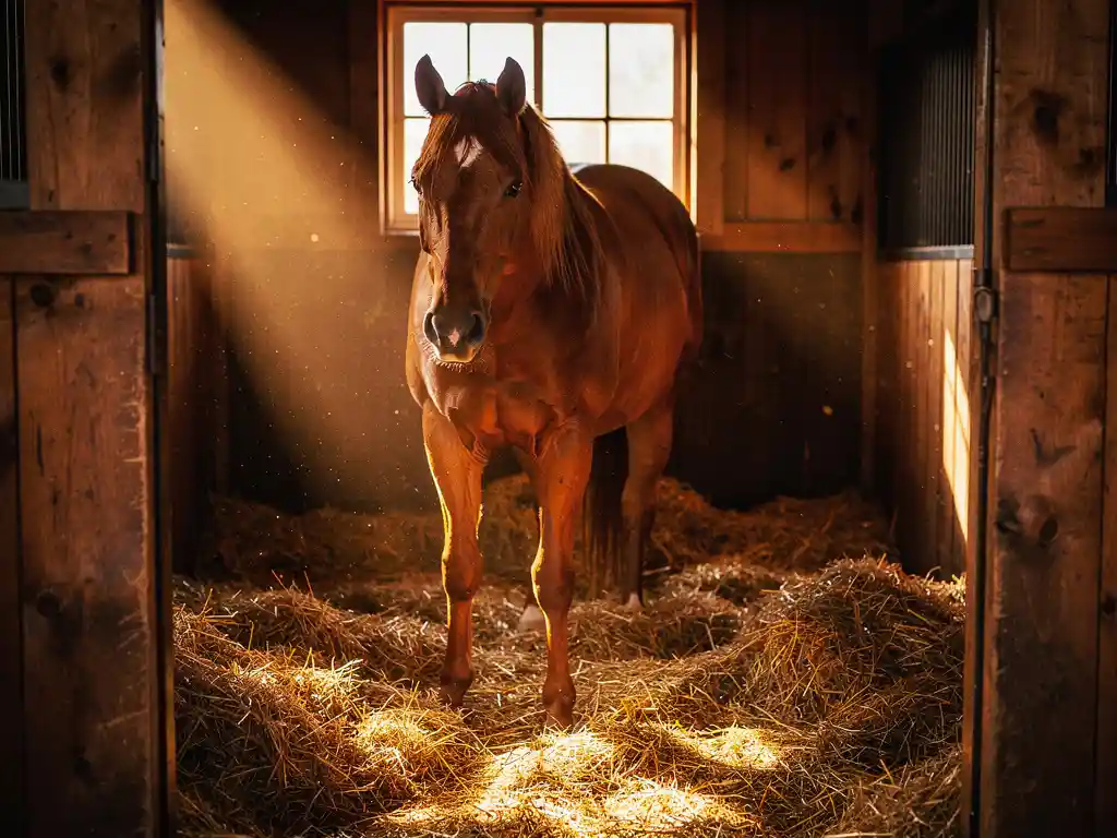 Chestnut horse standing relaxed in a sunlit wooden stable stall with golden straw bedding and warm afternoon light.