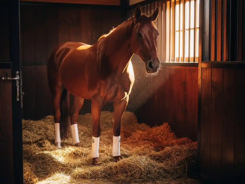 Chestnut performance horse standing in a straw-bedded stable stall with polo wraps on all four legs, warm amber light filtering through wooden slat windows.