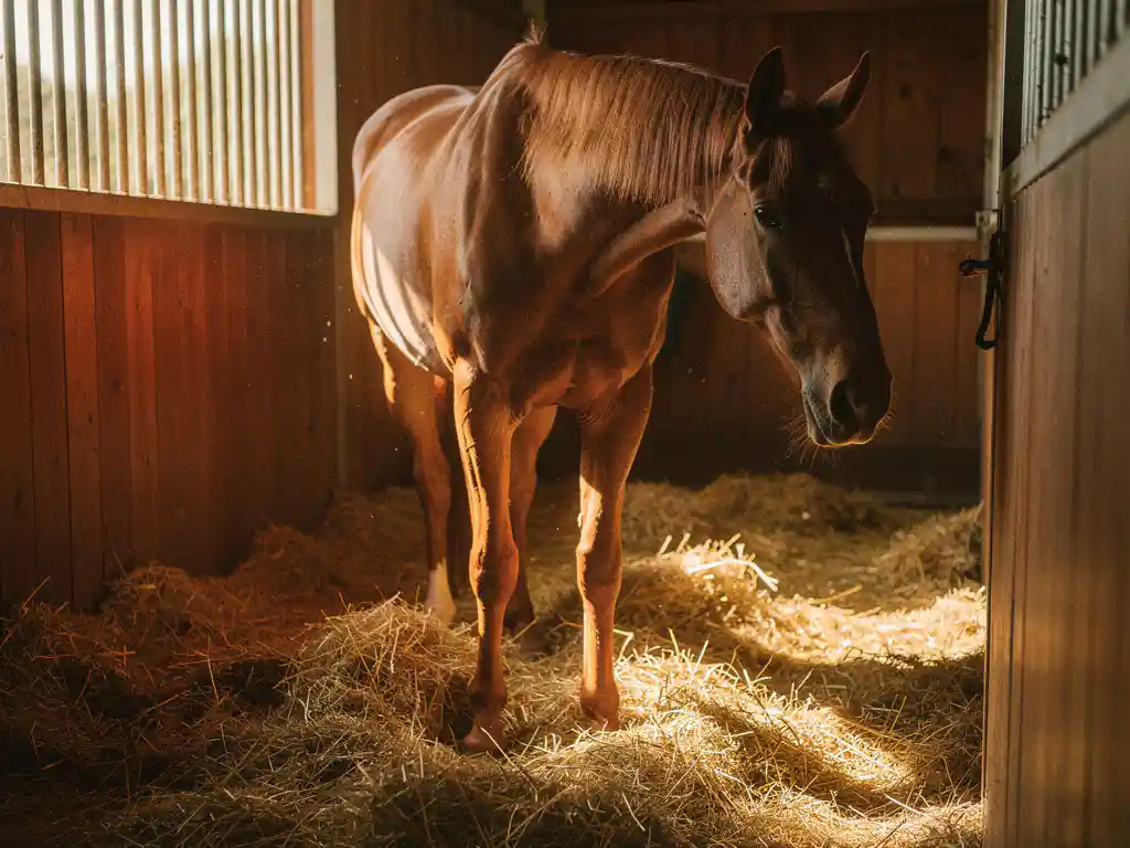 Chestnut horse standing quietly in a straw-bedded stable stall, warm afternoon light casting golden streaks through wooden slat windows.
