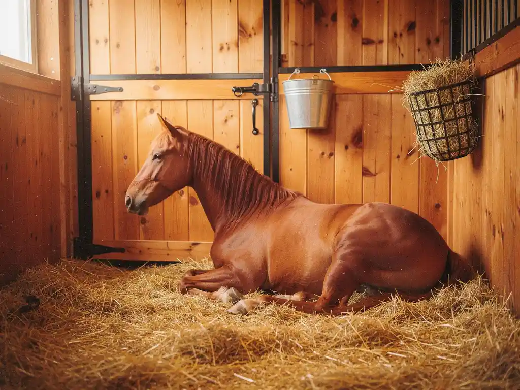 Chestnut horse resting in a clean stall with golden straw bedding, wooden plank walls, hanging water bucket and hay net in warm barn light.
