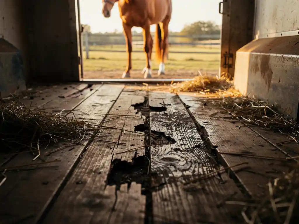 Chestnut horse standing near open ramp of a weathered trailer with cracked, aging wooden floor planks and scattered dry hay in warm afternoon light.