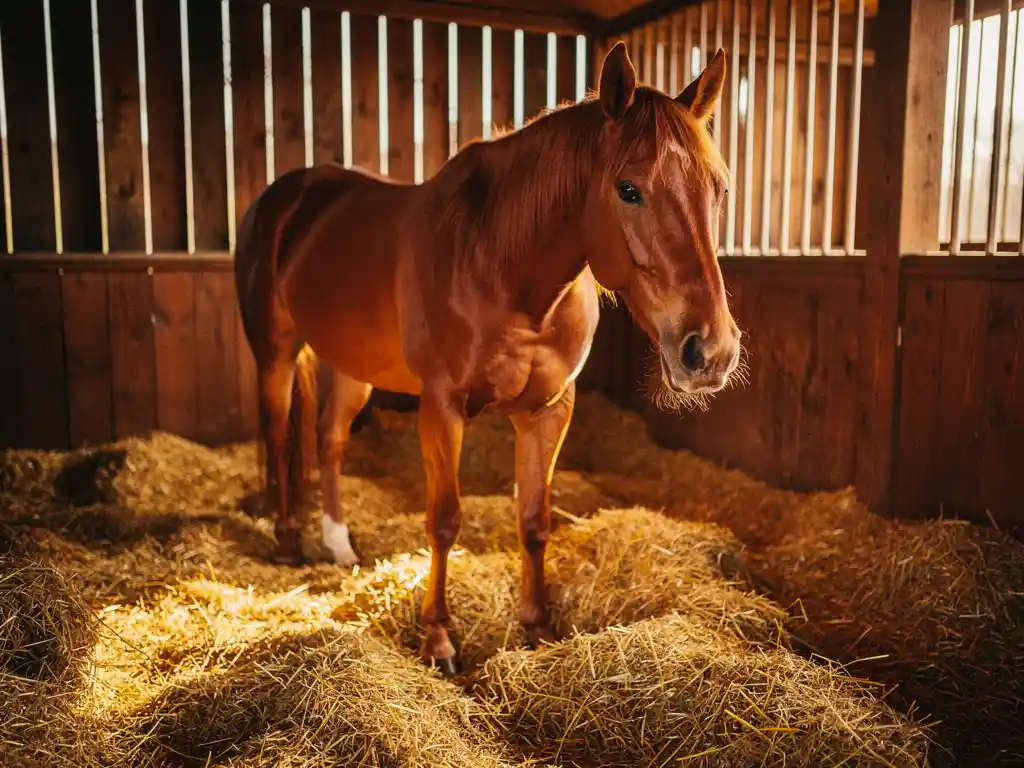 Chestnut horse standing quietly in a wooden stall with golden straw bedding, warm afternoon barn light highlighting its coat.