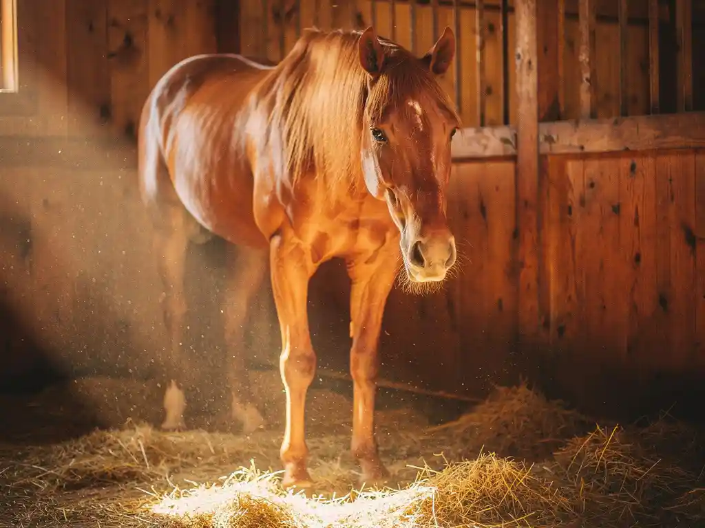 Chestnut horse standing in a sunlit wooden stall with golden hay on the floor and warm natural light streaming through.