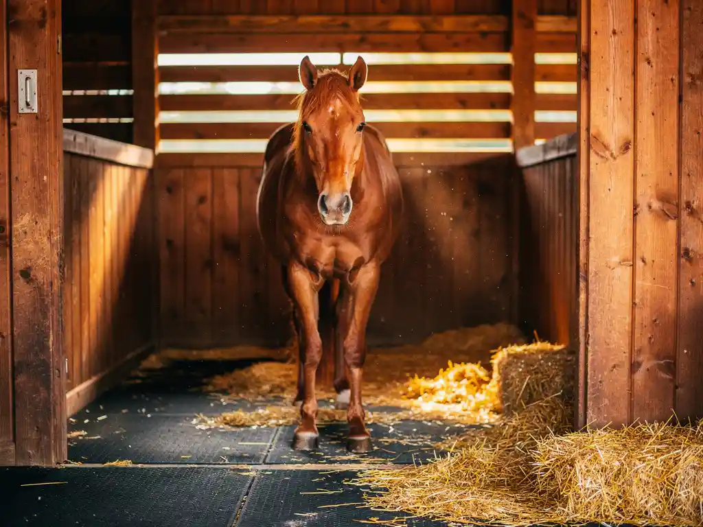 Chestnut horse standing quietly in a wooden stall with rubber matting, golden straw bedding, and warm amber barn lighting.