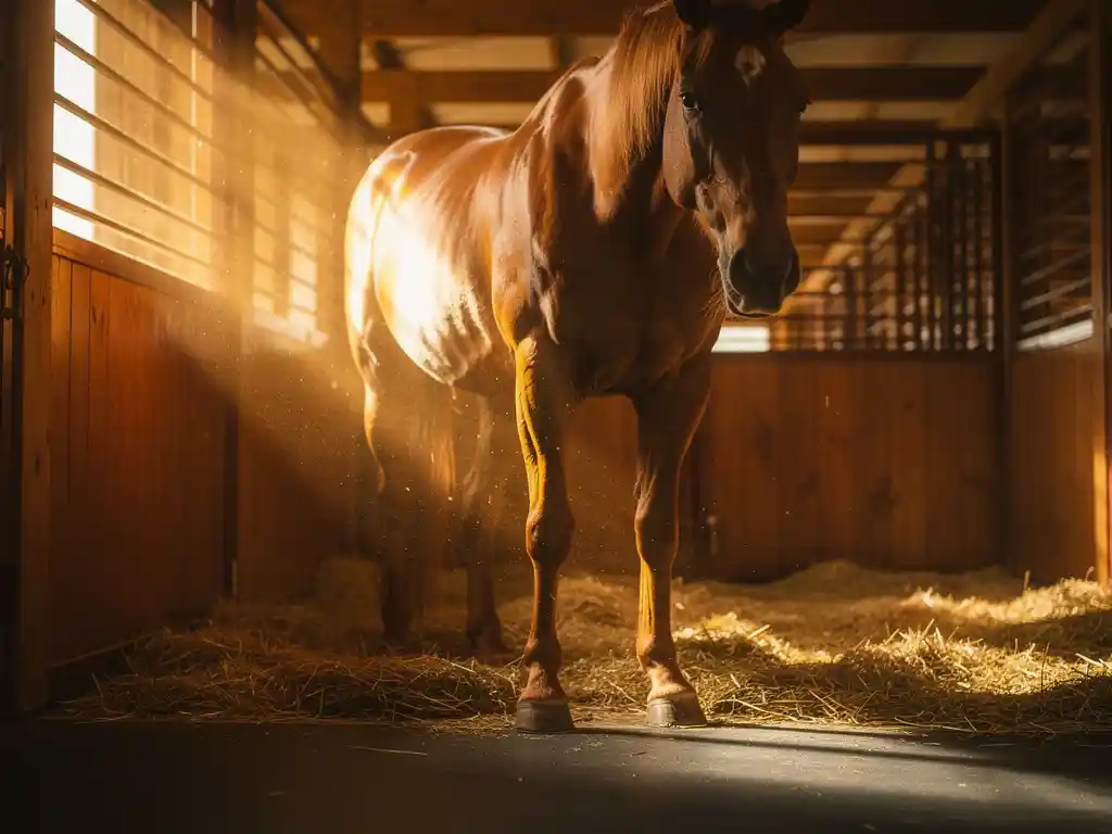 Chestnut mare standing in a sunlit stable stall, golden light filtering through wooden slat windows over hay-dusted charcoal flooring.