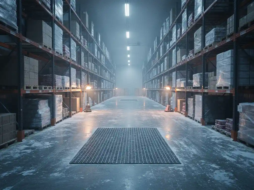 Cold storage warehouse interior with frost-dusted floors, industrial shelving stacked with frozen goods, and blue-white fluorescent lighting.