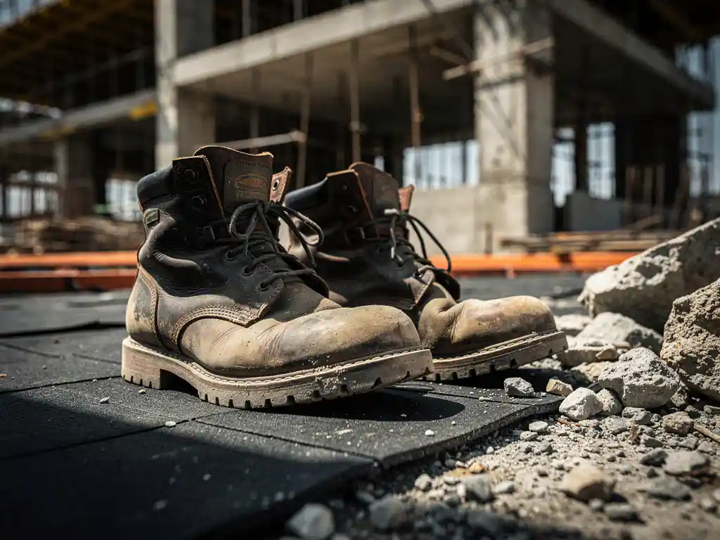 Steel-toe boots on rubber flooring at a temporary construction job site, with gravel debris and a blurred concrete structure behind.