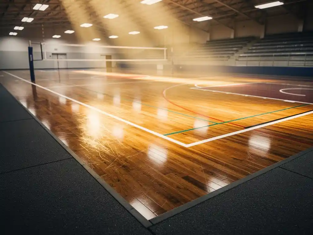 Empty multi-sport gymnasium with polished hardwood basketball and volleyball court lines under warm golden overhead lights.