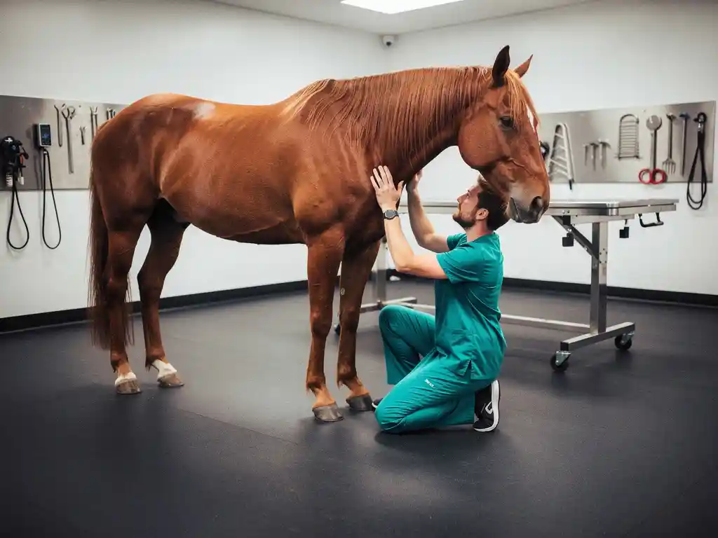 Large animal veterinarian in scrubs kneeling beside a calm chestnut horse during a clinical examination.