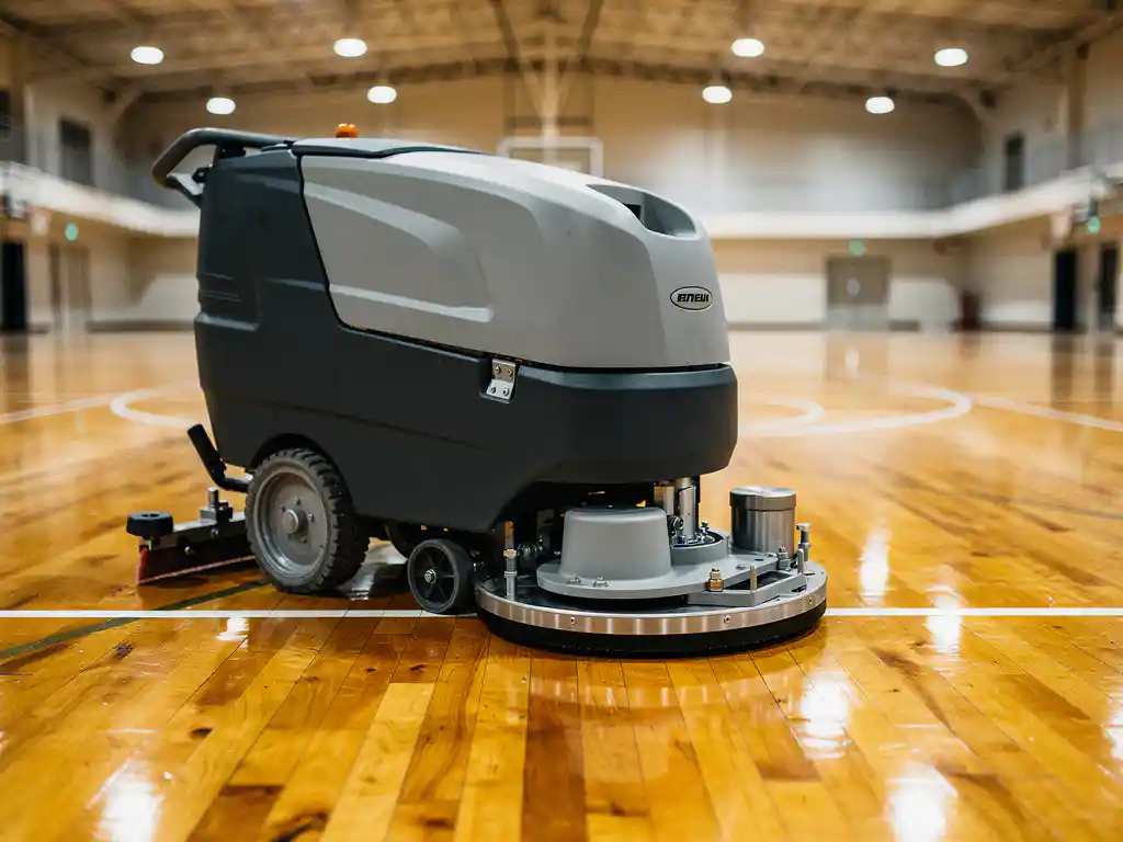 Floor scrubber machine on a hardwood gymnasium floor with basketball court lines visible in the background.